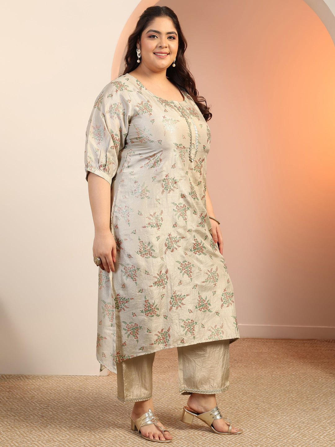 Plus Size Grey Woven Design Silk Blend Straight Suit Set With Dupatta