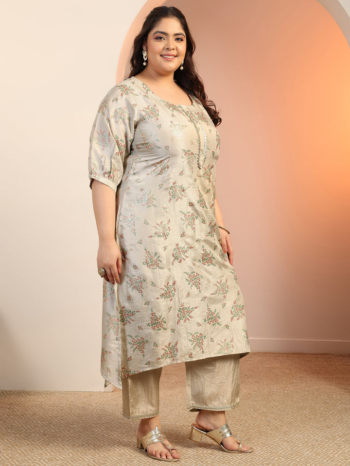 Plus Size Grey Woven Design Silk Blend Straight Suit Set With Dupatta
