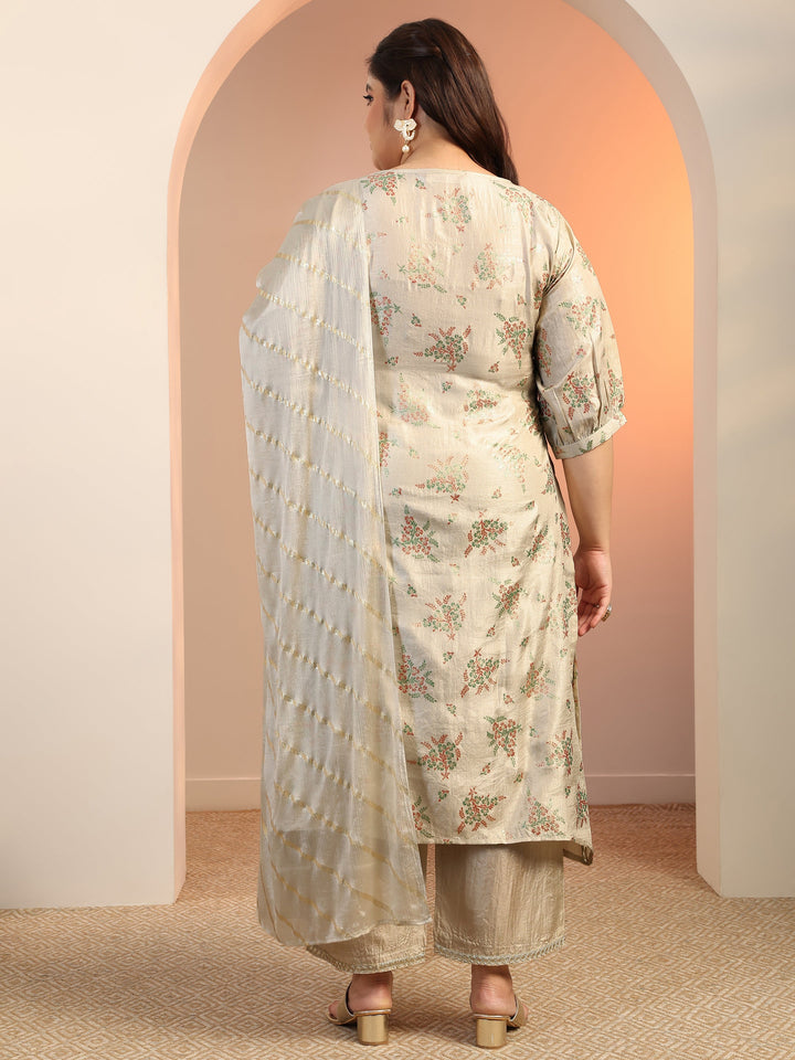 Plus Size Grey Woven Design Silk Blend Straight Suit Set With Dupatta