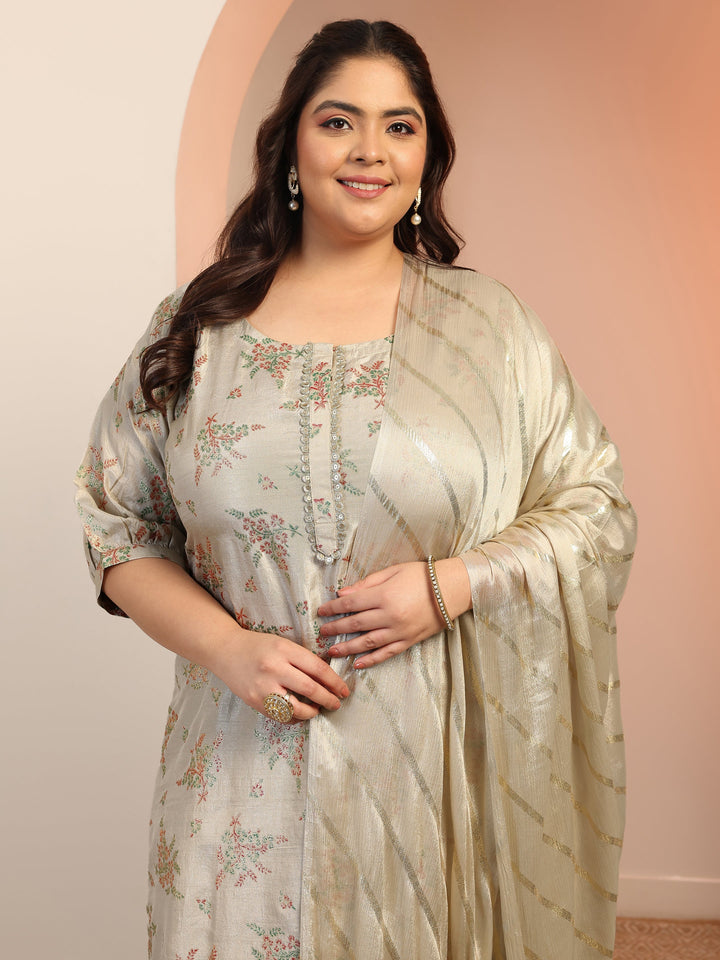Plus Size Grey Woven Design Silk Blend Straight Suit Set With Dupatta
