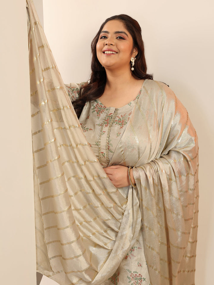 Plus Size Grey Woven Design Silk Blend Straight Suit Set With Dupatta