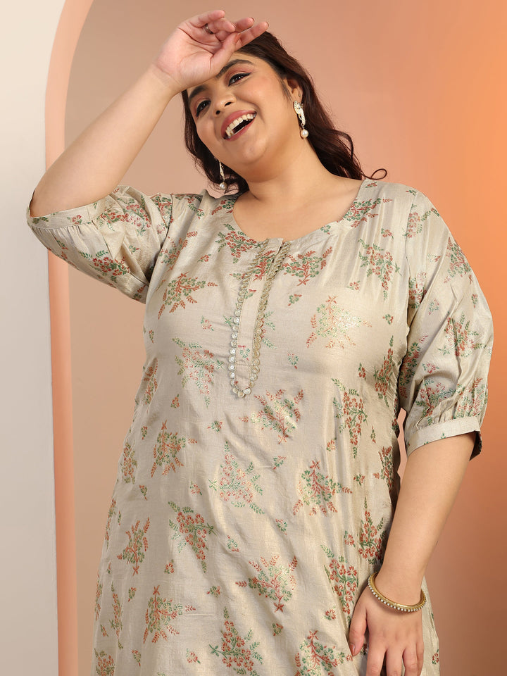 Plus Size Grey Woven Design Silk Blend Straight Suit Set With Dupatta