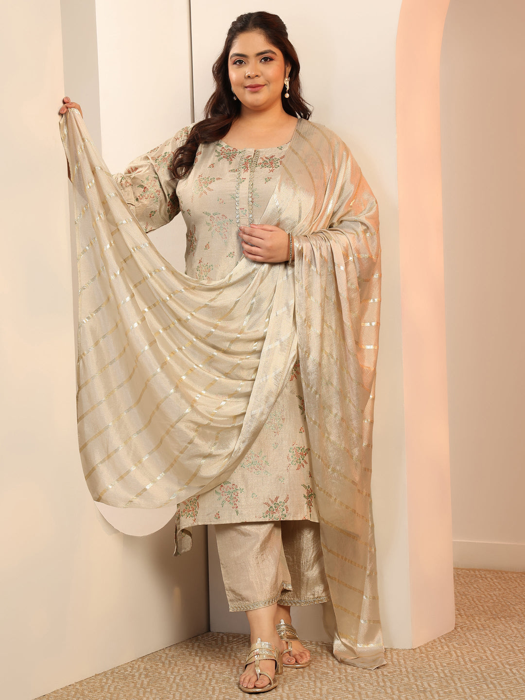 Plus Size Grey Woven Design Silk Blend Straight Suit Set With Dupatta