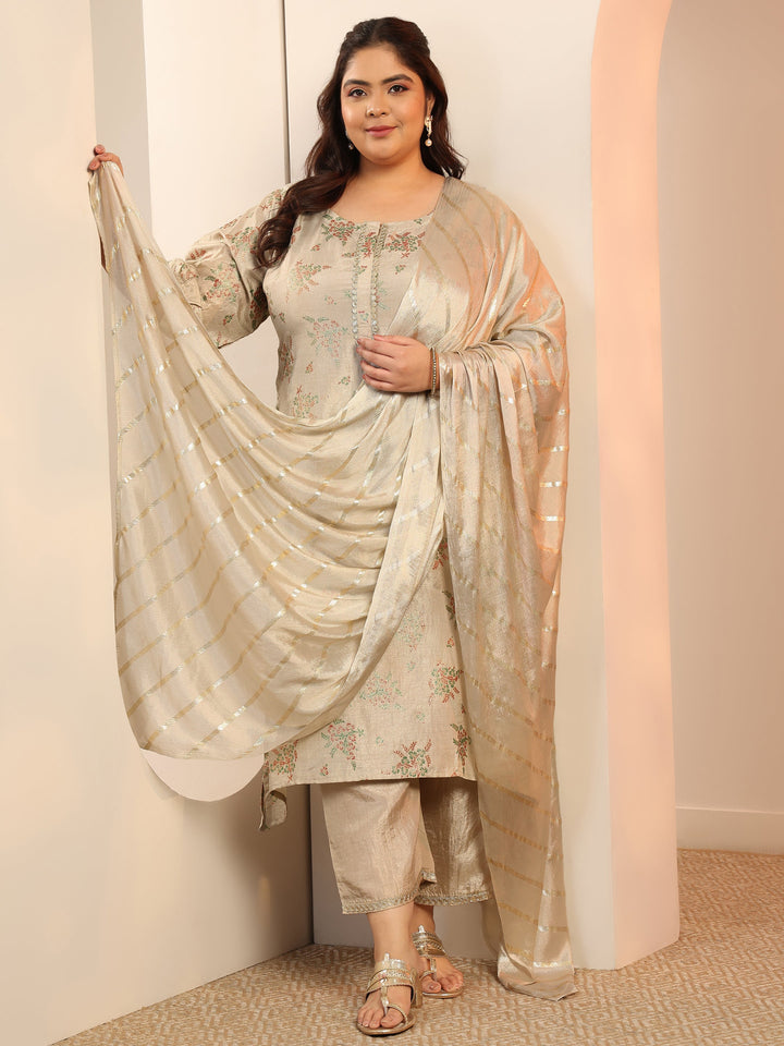 Plus Size Grey Woven Design Silk Blend Straight Suit Set With Dupatta