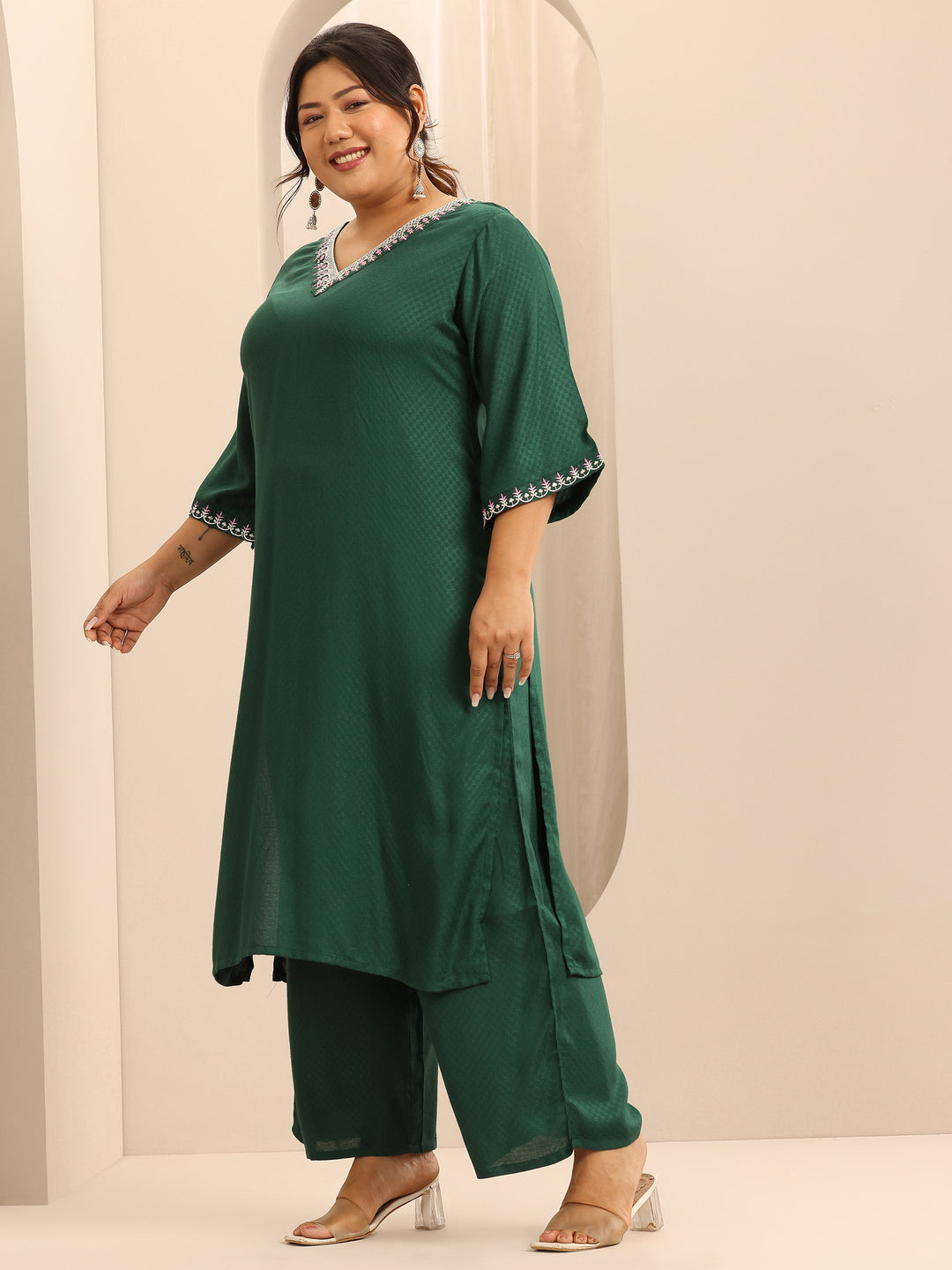 Plus Size Green Woven Design Viscose Rayon Straight Suit Set With Dupatta