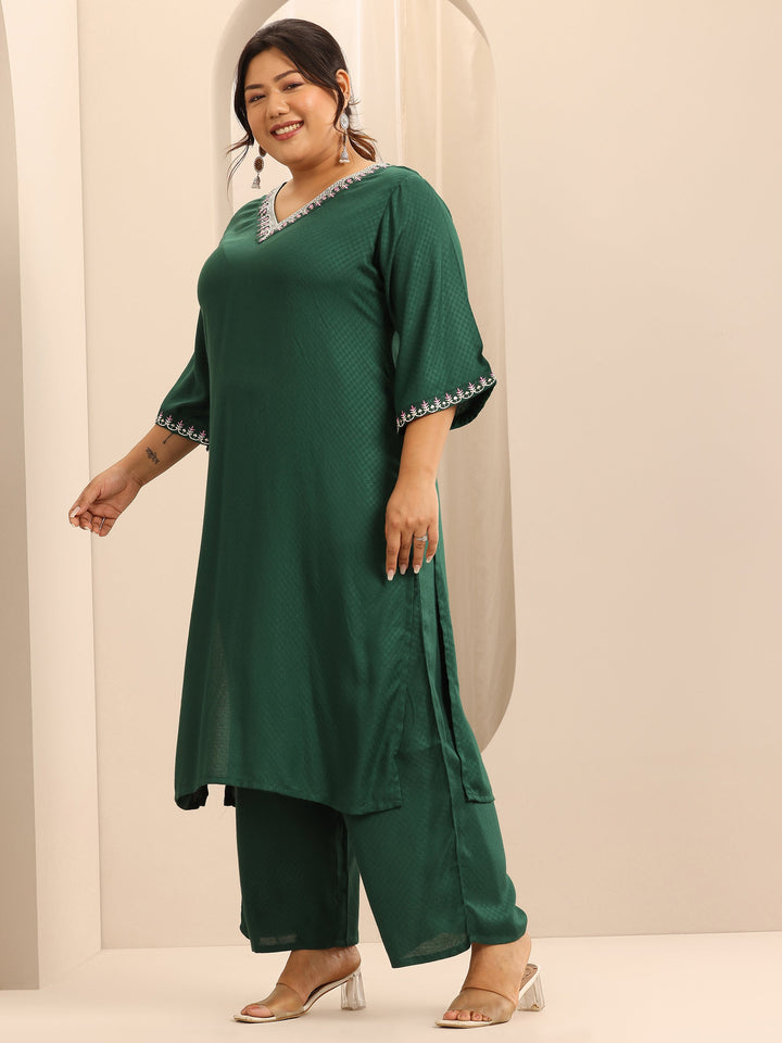Plus Size Green Woven Design Viscose Rayon Straight Suit Set With Dupatta