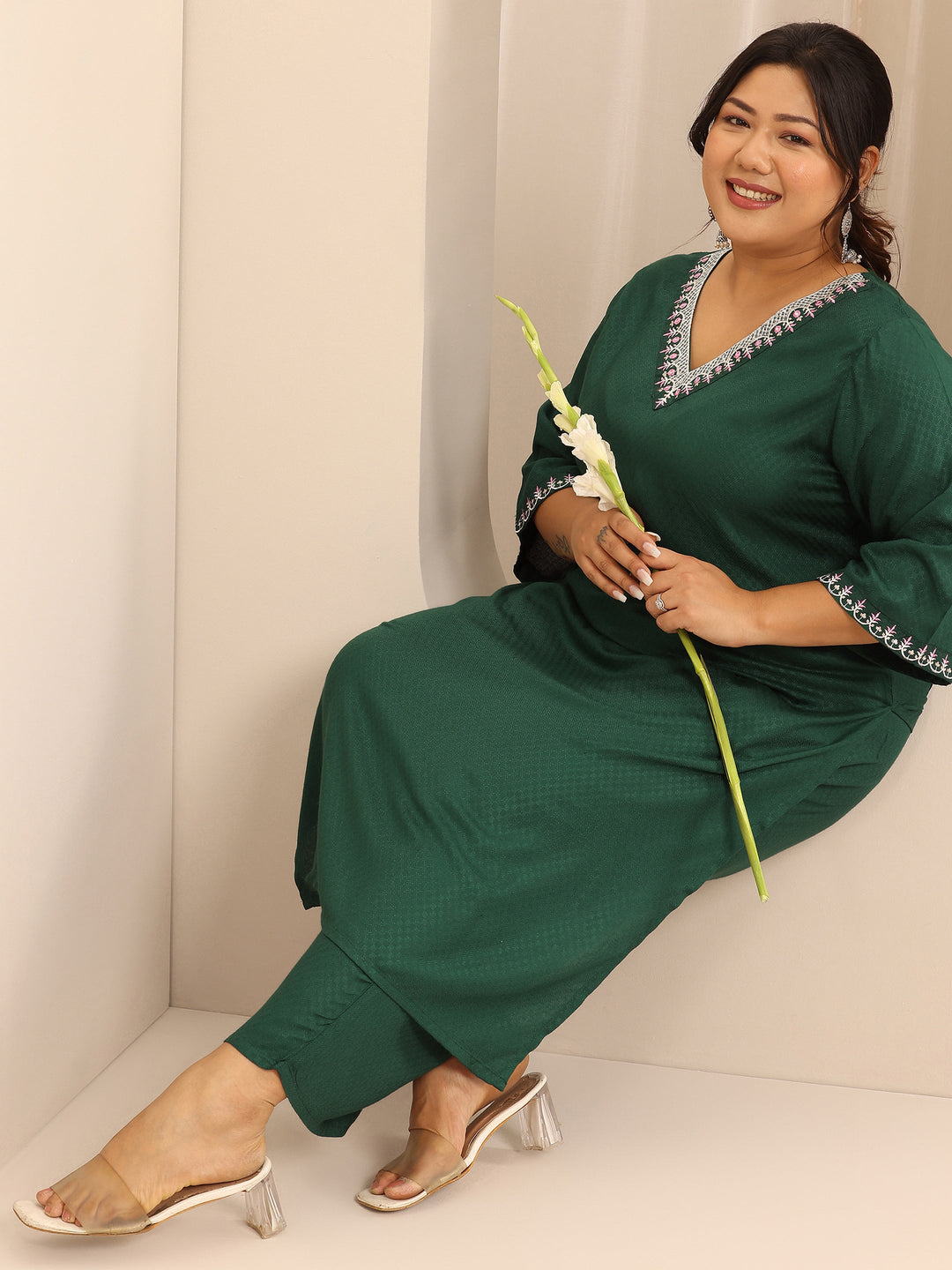 Plus Size Green Woven Design Viscose Rayon Straight Suit Set With Dupatta