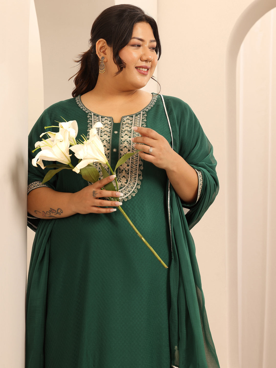 Plus Size Green Woven Design Viscose Rayon Straight Suit Set With Dupatta