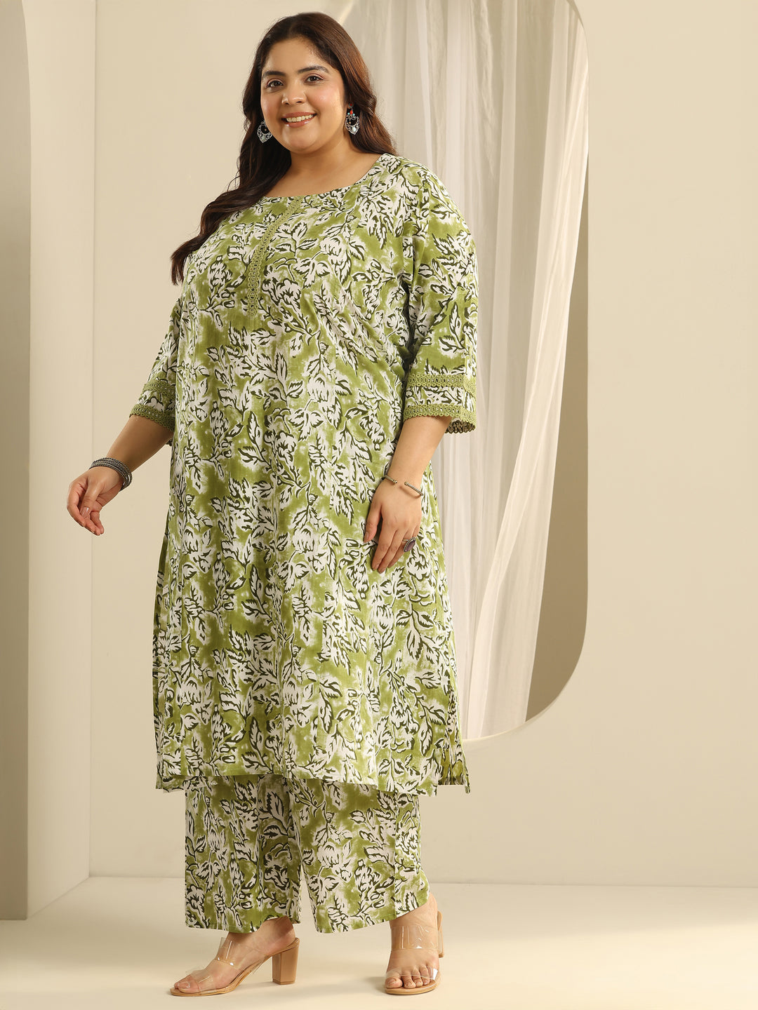 Plus Size Green Printed Cotton Straight Kurta Set
