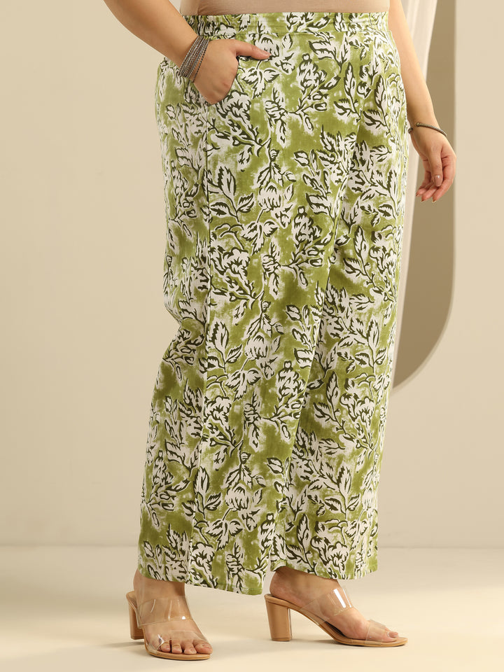 Plus Size Green Printed Cotton Straight Kurta Set
