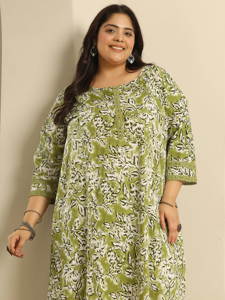 Plus Size Green Printed Cotton Straight Kurta Set