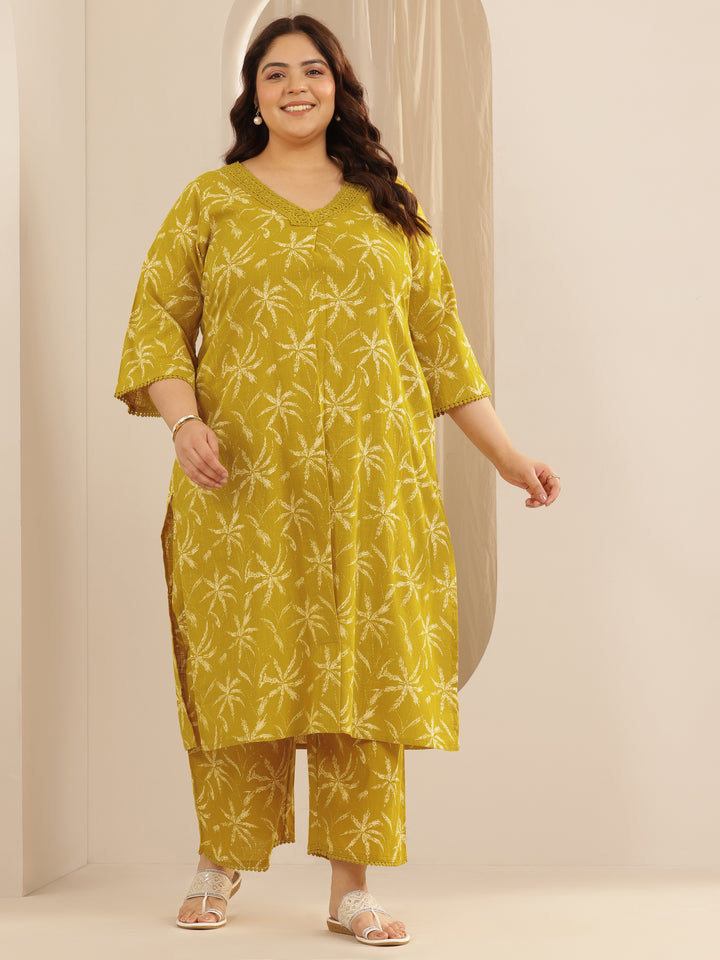 Plus Size Yellow Printed Cotton Straight Kurta Set