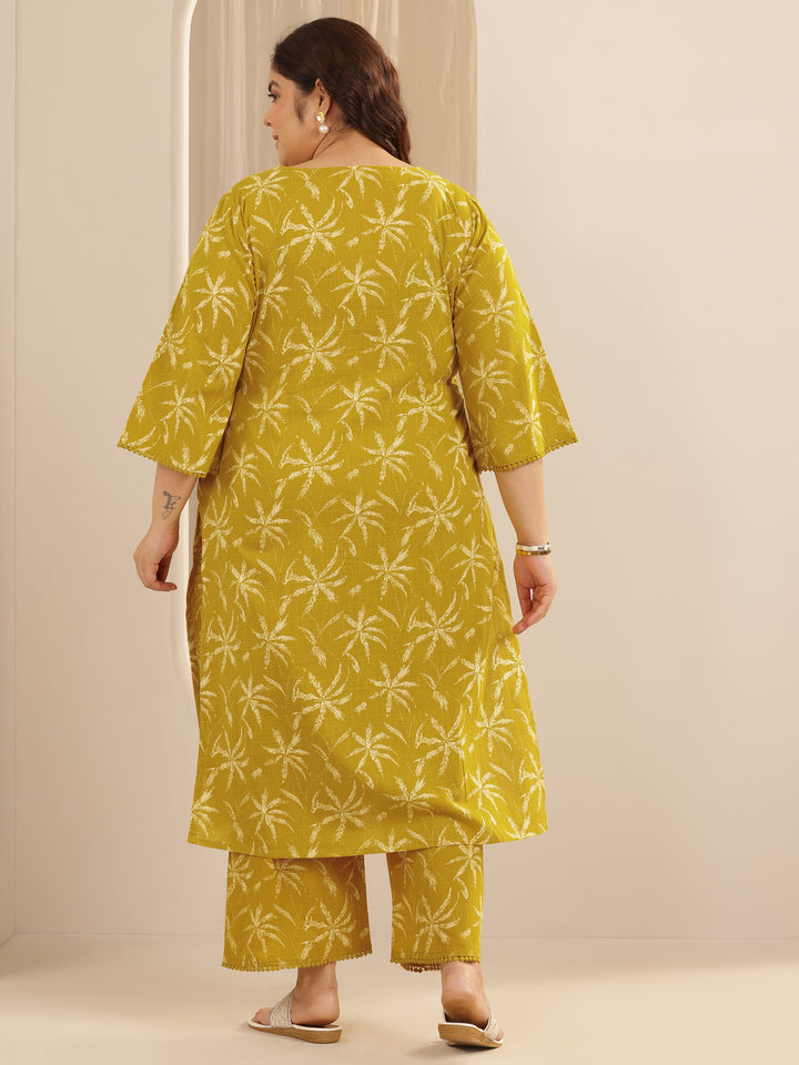 Plus Size Yellow Printed Cotton Straight Kurta Set