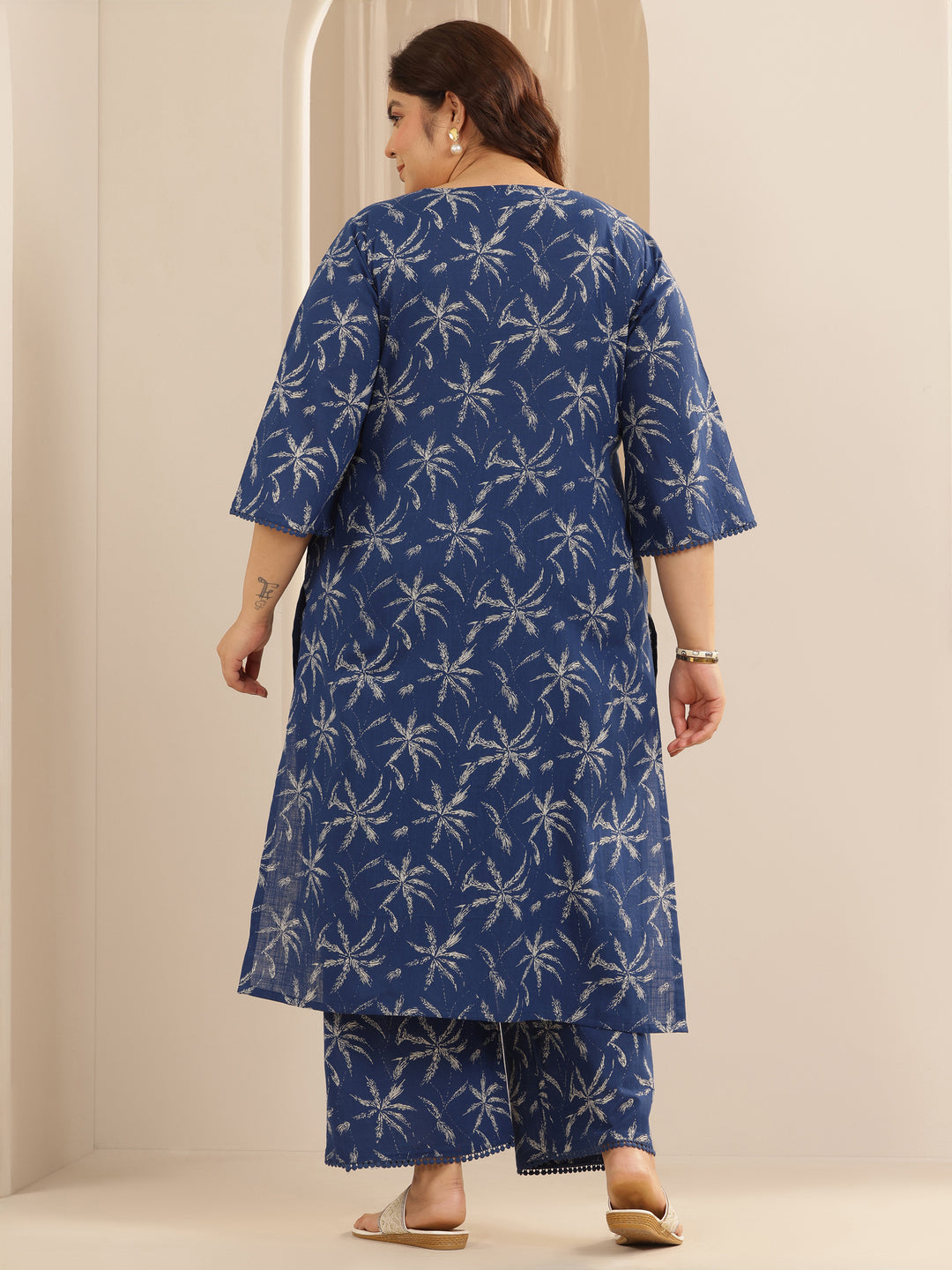 Plus Size Blue Printed Cotton Straight Kurta Set