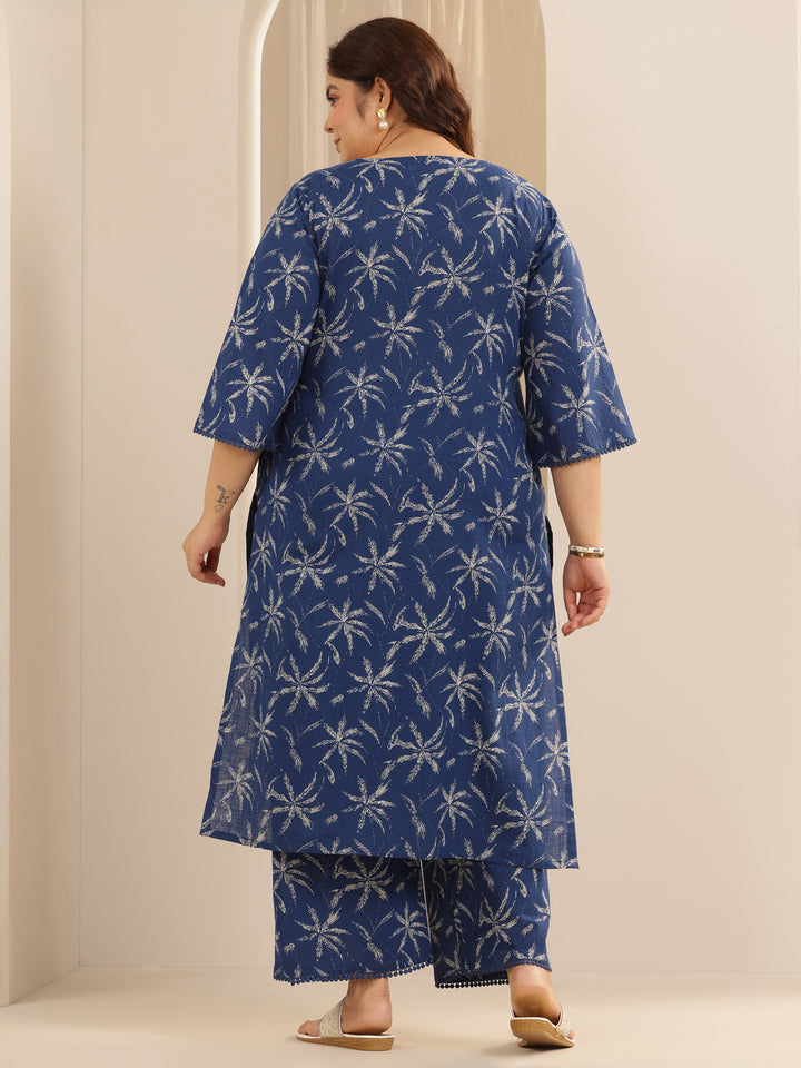Plus Size Blue Printed Cotton Straight Kurta Set