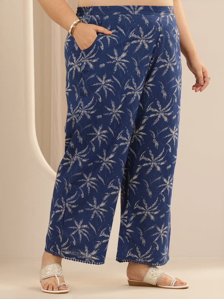 Plus Size Blue Printed Cotton Straight Kurta Set