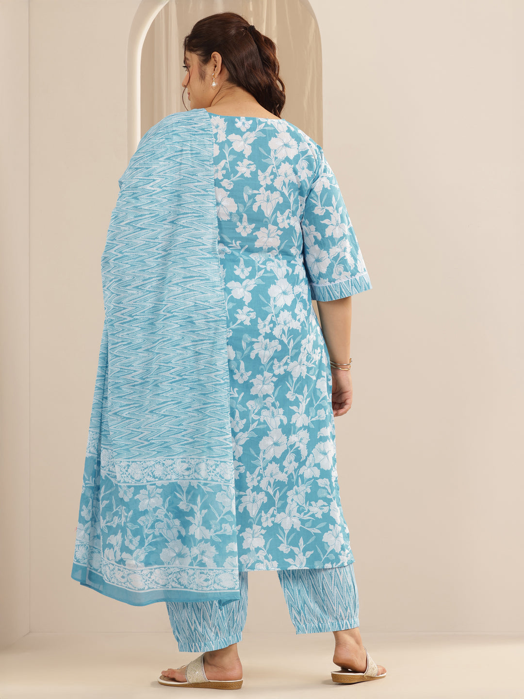 Plus Size Blue Printed Cotton Straight Suit Set With Dupatta