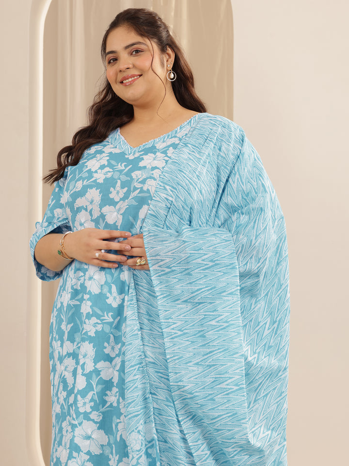 Plus Size Blue Printed Cotton Straight Suit Set With Dupatta
