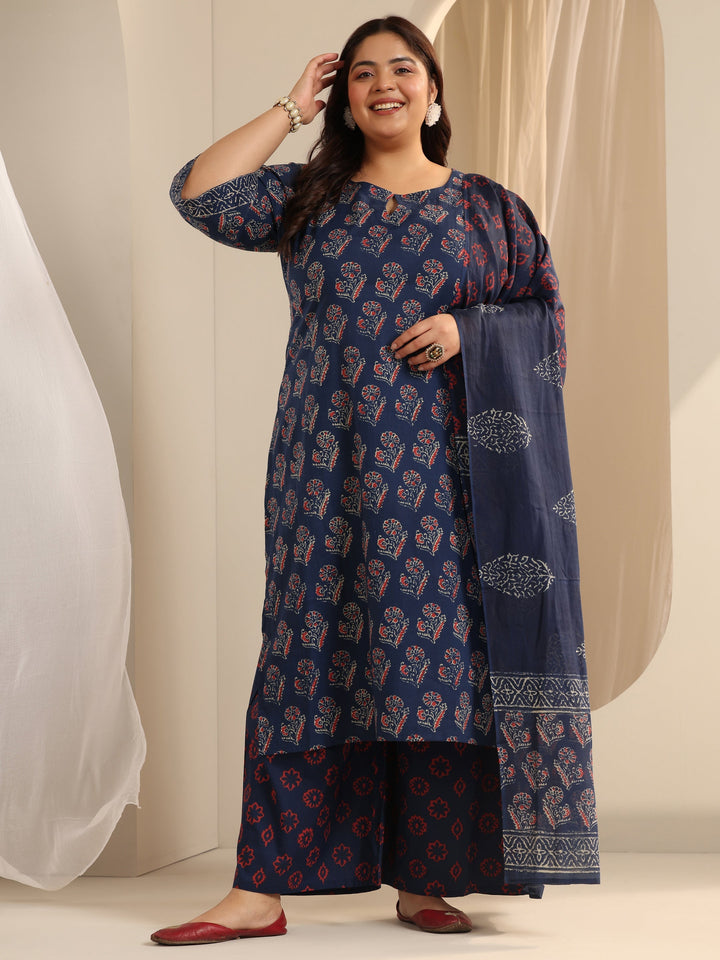 Blue Printed Cotton Straight Suit Set With Dupatta