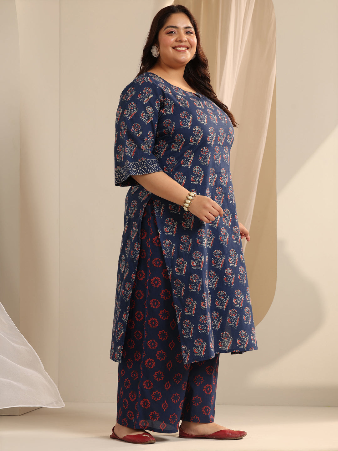 Blue Printed Cotton Straight Suit Set With Dupatta