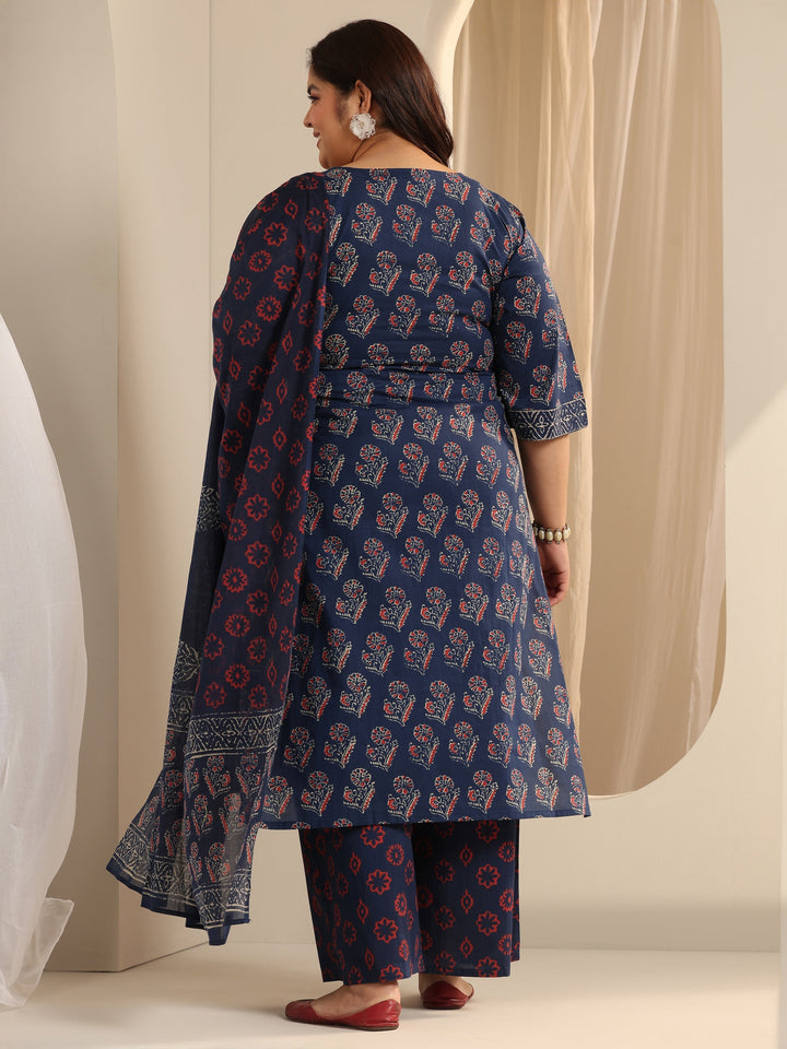 Blue Printed Cotton Straight Suit Set With Dupatta