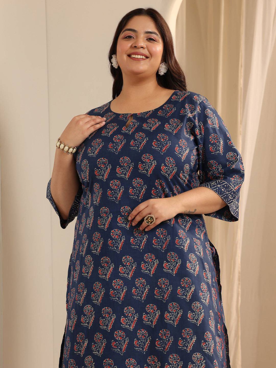 Blue Printed Cotton Straight Suit Set With Dupatta