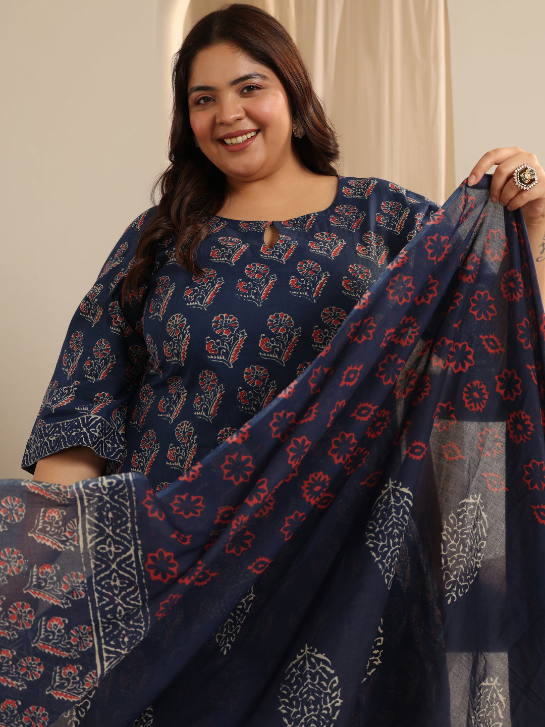 Blue Printed Cotton Straight Suit Set With Dupatta