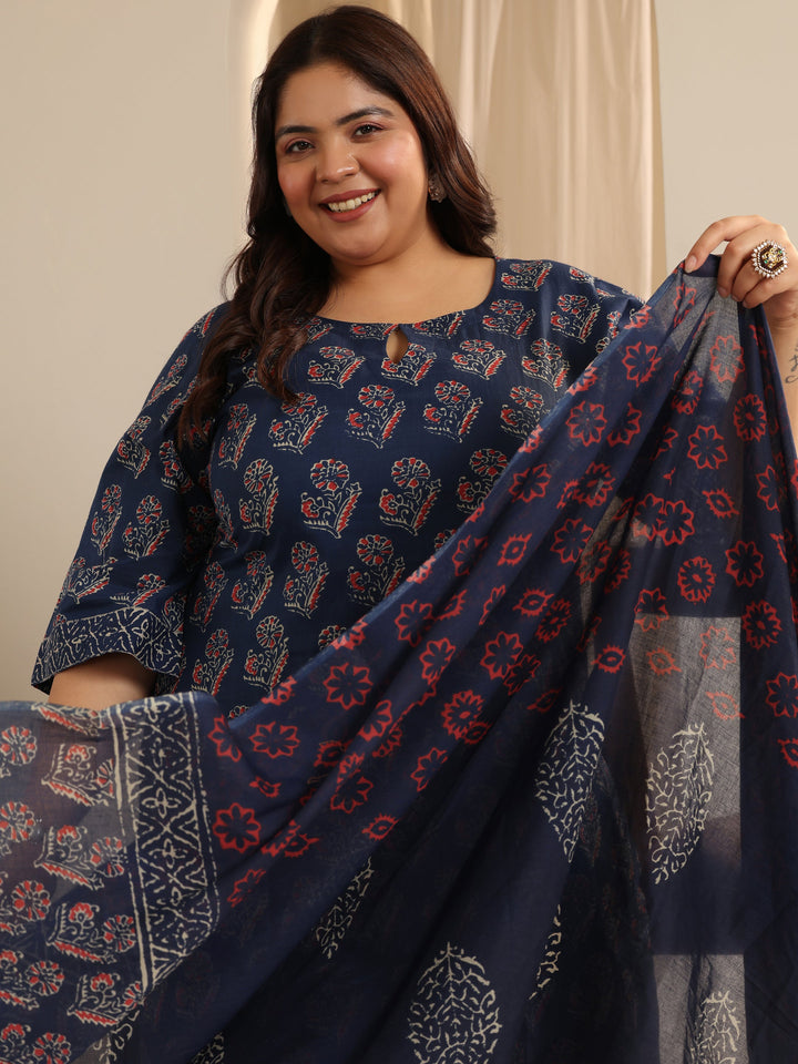 Blue Printed Cotton Straight Suit Set With Dupatta