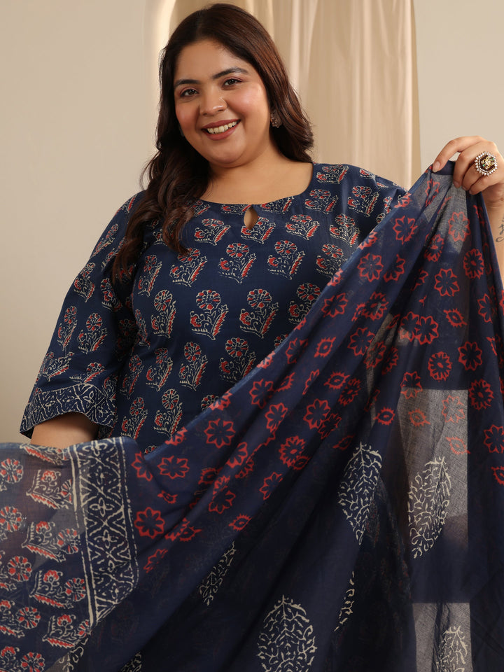 Blue Printed Cotton Straight Suit Set With Dupatta