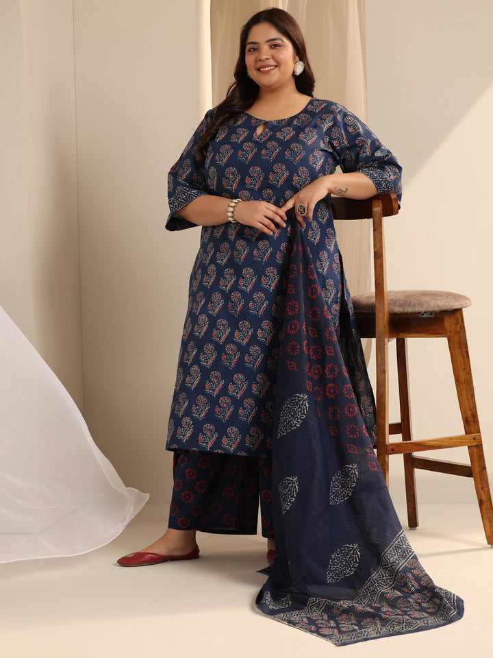 Blue Printed Cotton Straight Suit Set With Dupatta