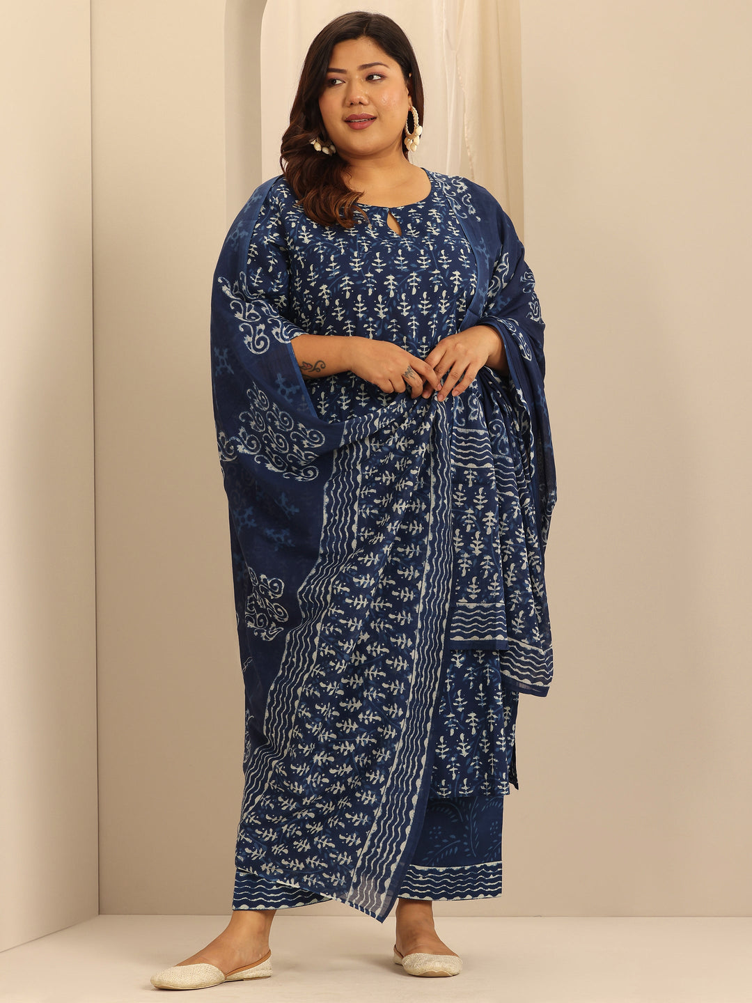 Plus Size Indigo Printed Cotton Straight Suit Set With Dupatta