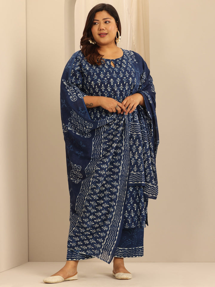 Plus Size Indigo Printed Cotton Straight Suit Set With Dupatta