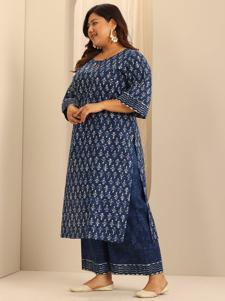 Plus Size Indigo Printed Cotton Straight Suit Set With Dupatta