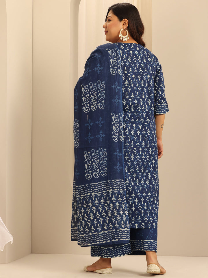 Plus Size Indigo Printed Cotton Straight Suit Set With Dupatta