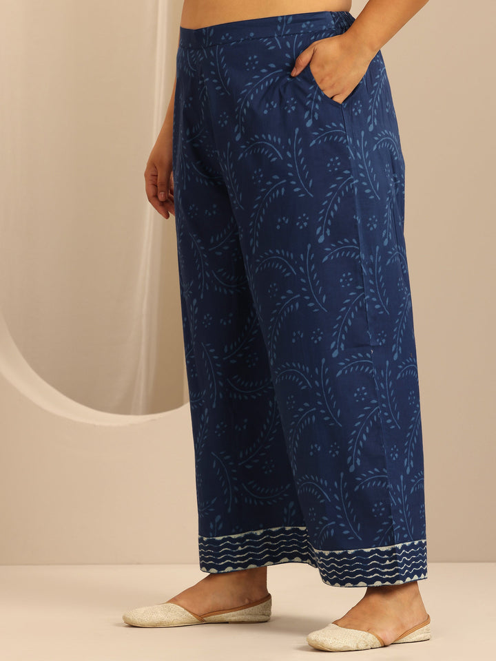 Plus Size Indigo Printed Cotton Straight Suit Set With Dupatta