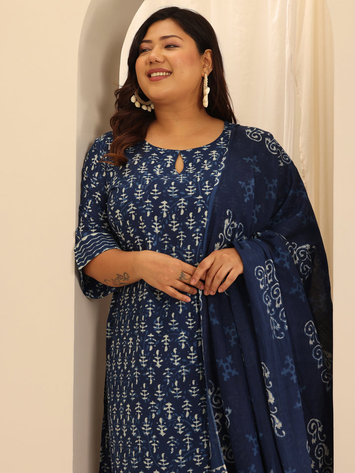 Plus Size Indigo Printed Cotton Straight Suit Set With Dupatta