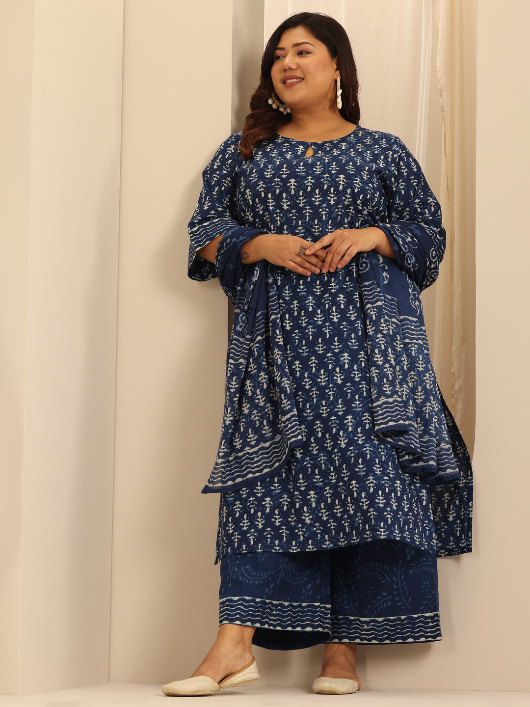 Plus Size Indigo Printed Cotton Straight Suit Set With Dupatta