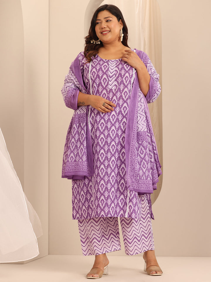 Plus Size Purple Printed Cotton Straight Suit Set With Dupatta