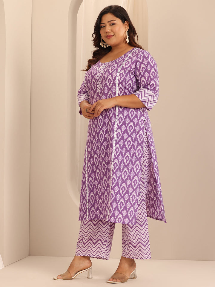 Plus Size Purple Printed Cotton Straight Suit Set With Dupatta