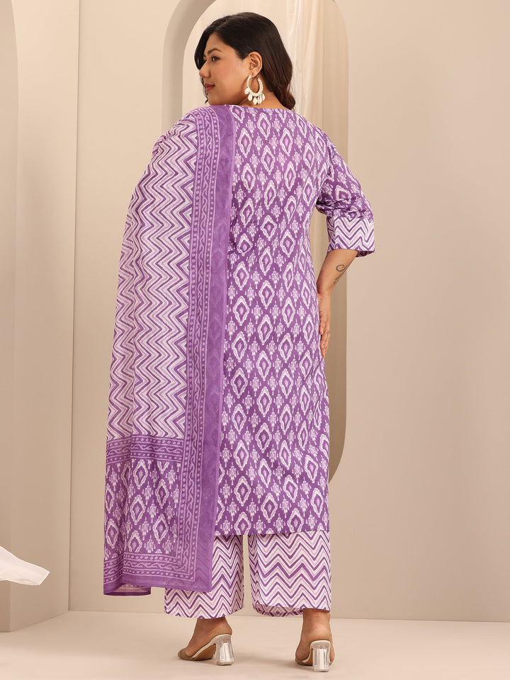 Plus Size Purple Printed Cotton Straight Suit Set With Dupatta