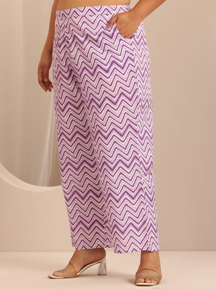 Plus Size Purple Printed Cotton Straight Suit Set With Dupatta