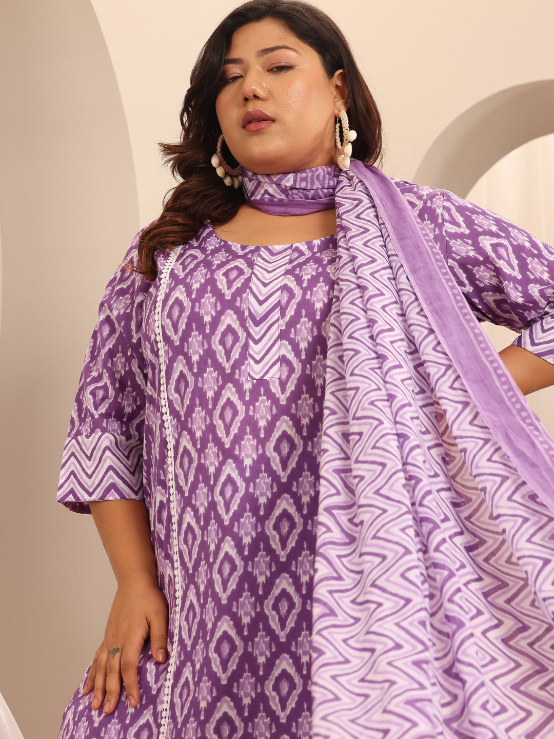 Plus Size Purple Printed Cotton Straight Suit Set With Dupatta