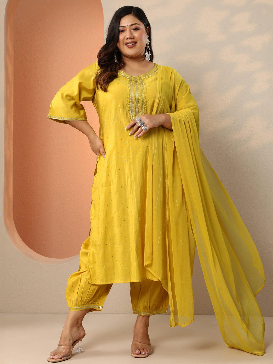 Plus Size Yellow Embellished Silk Blend Straight Suit Set With Dupatta