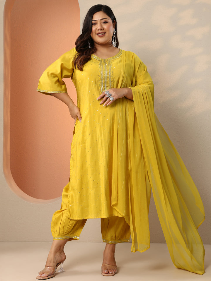 Plus Size Yellow Embellished Silk Blend Straight Suit Set With Dupatta