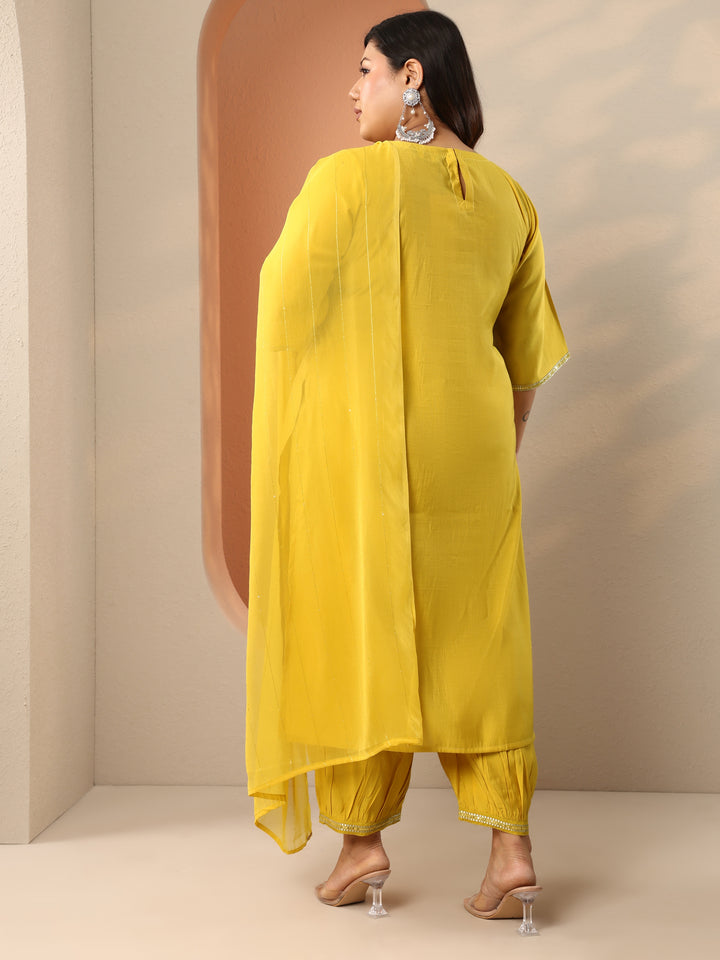 Plus Size Yellow Embellished Silk Blend Straight Suit Set With Dupatta
