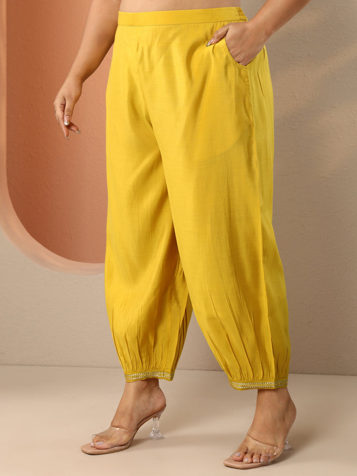 Plus Size Yellow Embellished Silk Blend Straight Suit Set With Dupatta