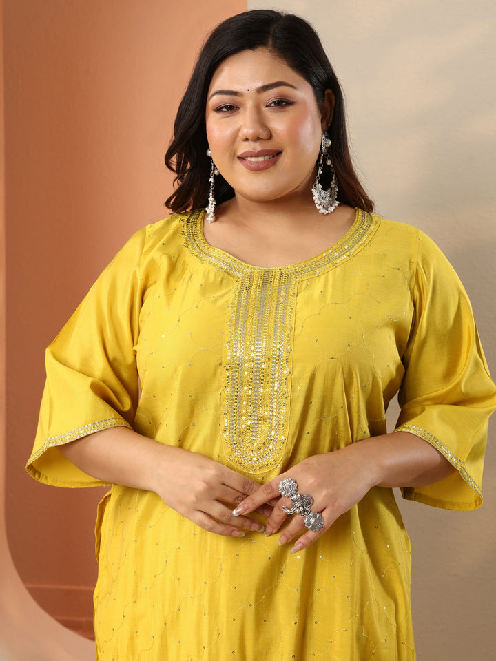 Plus Size Yellow Embellished Silk Blend Straight Suit Set With Dupatta