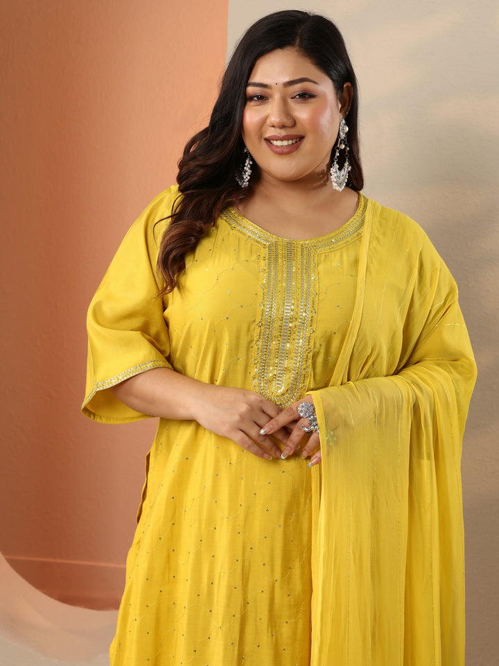 Plus Size Yellow Embellished Silk Blend Straight Suit Set With Dupatta