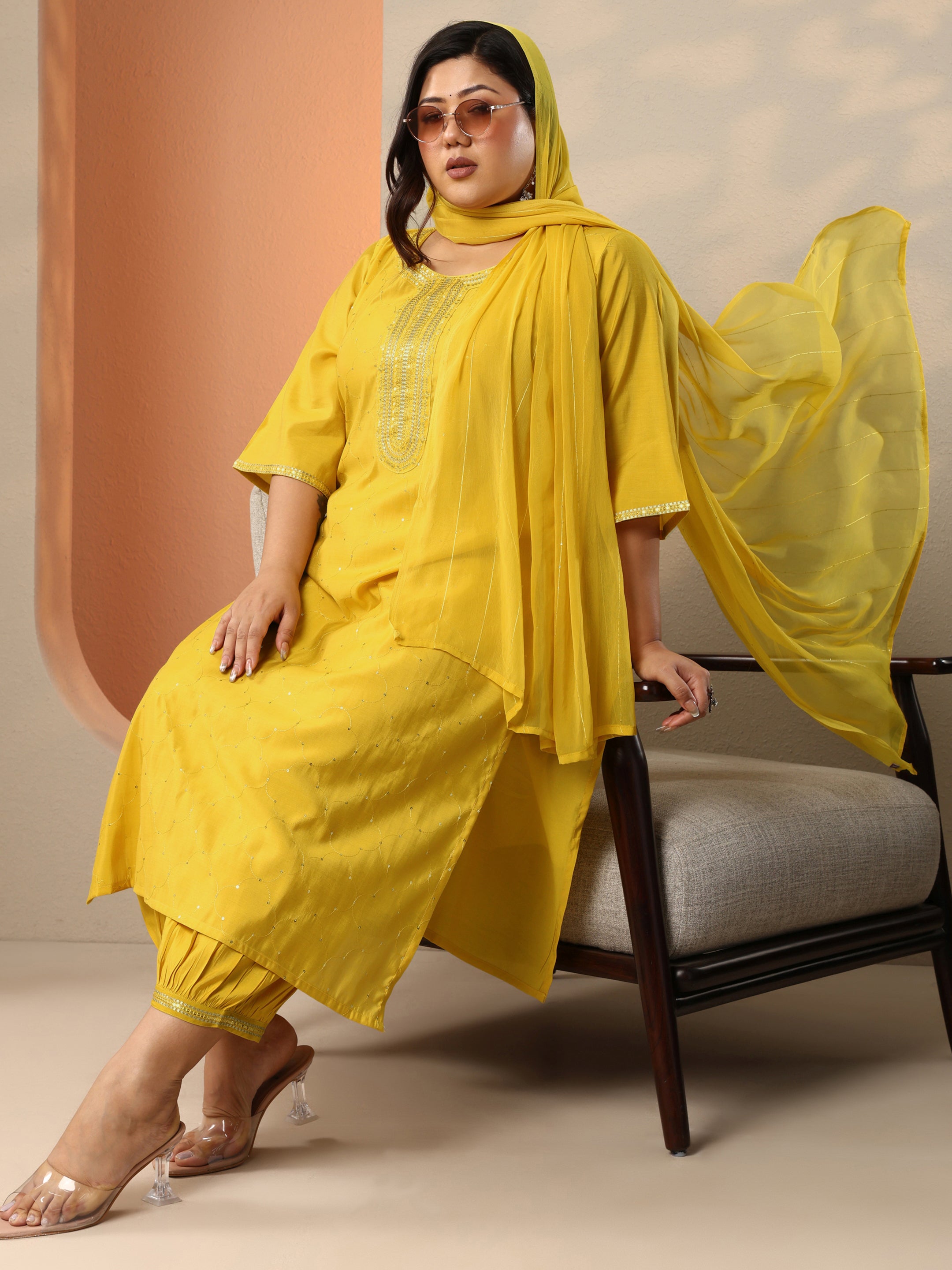Yellow Printed Silk Blend Straight Suit Set