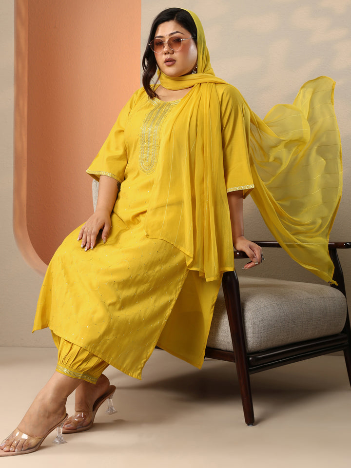 Plus Size Yellow Embellished Silk Blend Straight Suit Set With Dupatta
